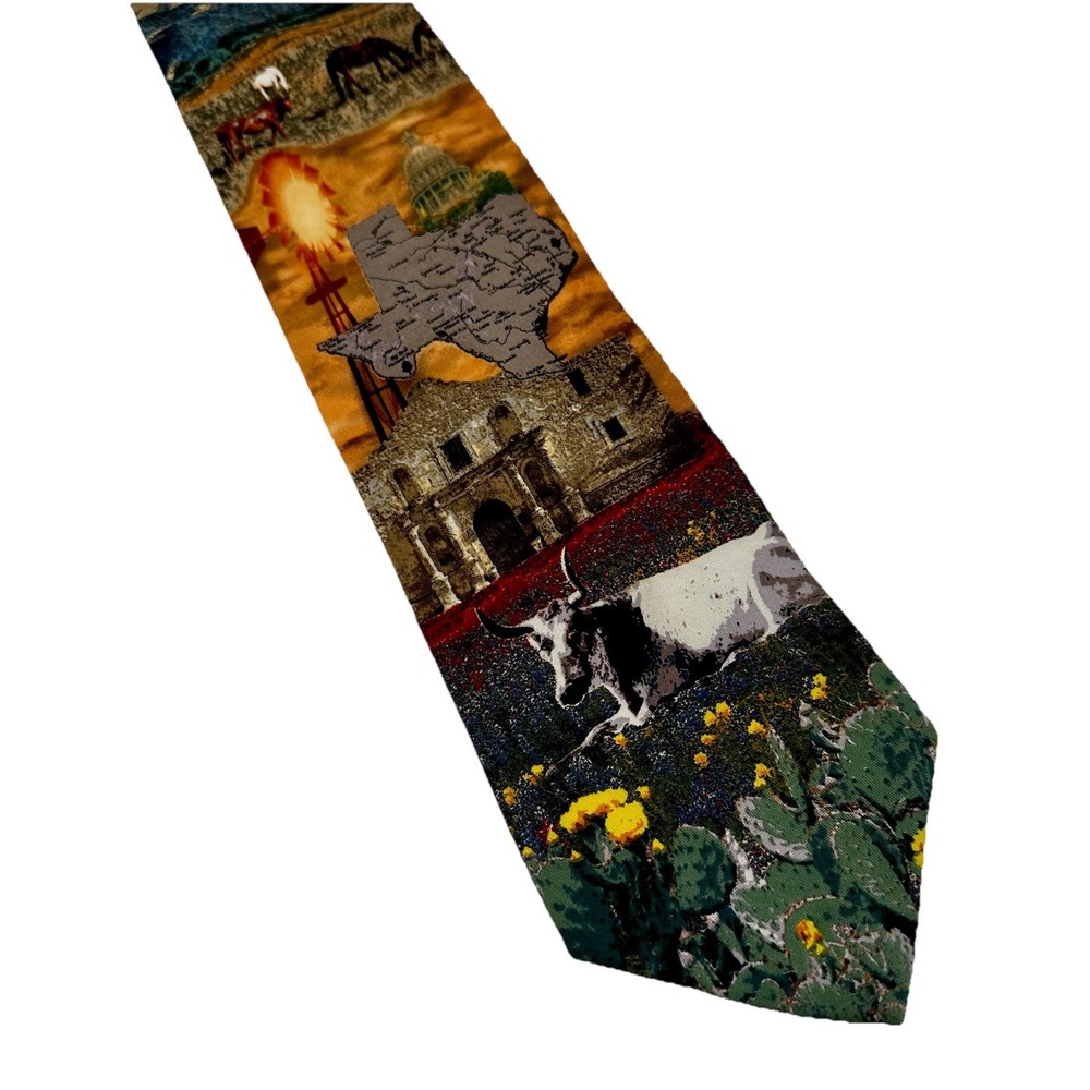 Vintage‎ RM Style Texas Men's Tie Longhorn Alamo Wind Mill Silk Handmade USA